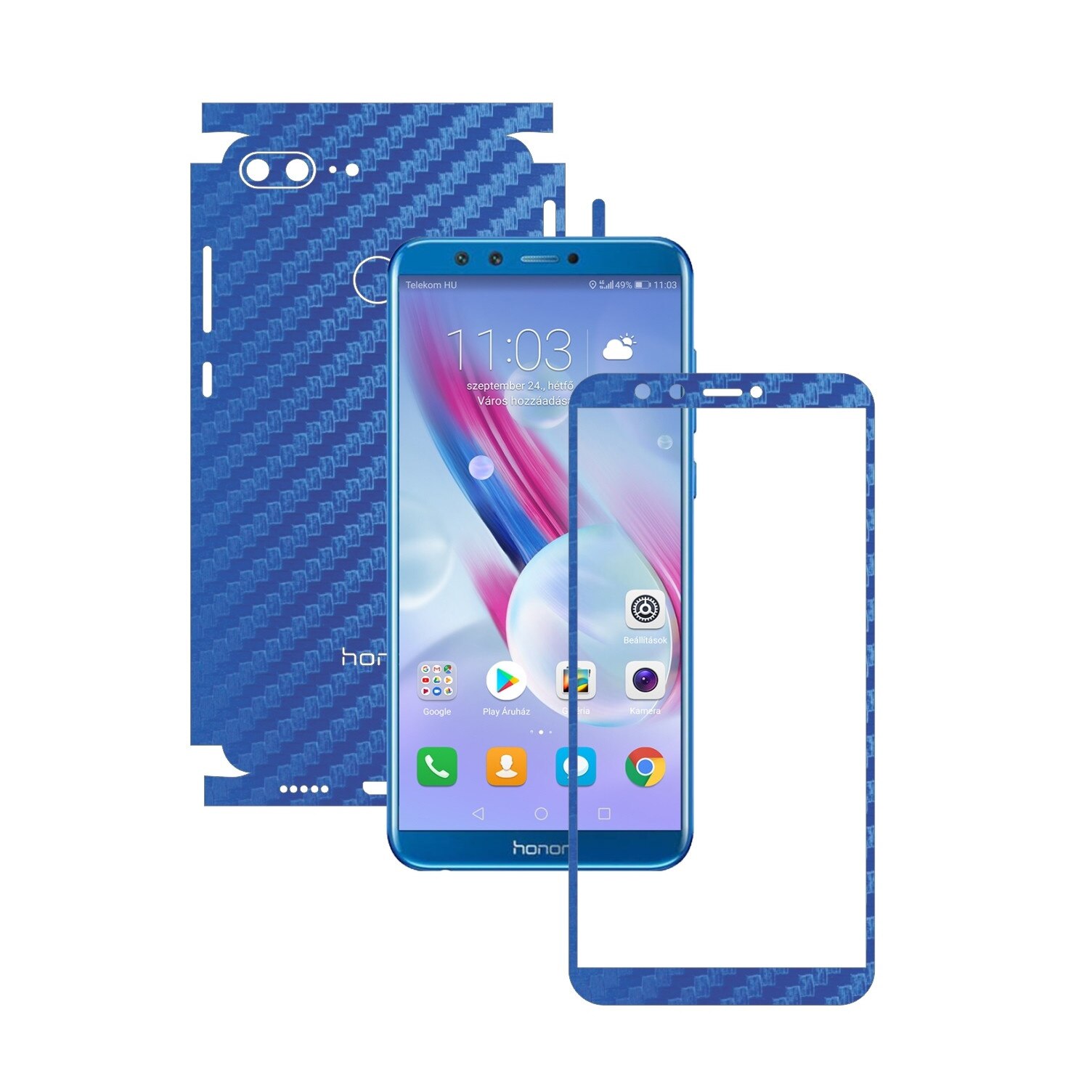 Folie Protectie Carbon Skinz pentru Huawei Honor 9 Lite - Carbon Albastru 360 Cut, Skin Adeziv Full Body Cover pentru Rama Ecran, Carcasa Spate si Laterale