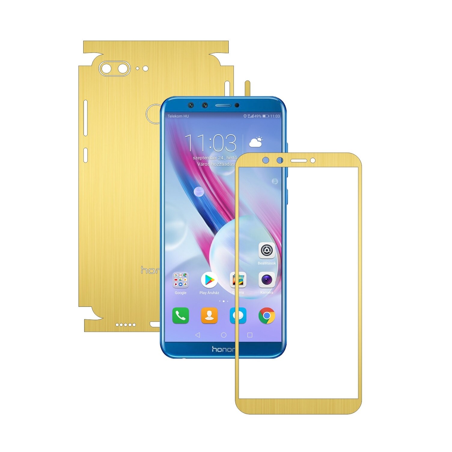 Folie Protectie Carbon Skinz pentru Huawei Honor 9 Lite - Brushed Auriu 360 Cut, Skin Adeziv Full Body Cover pentru Rama Ecran, Carcasa Spate si Laterale