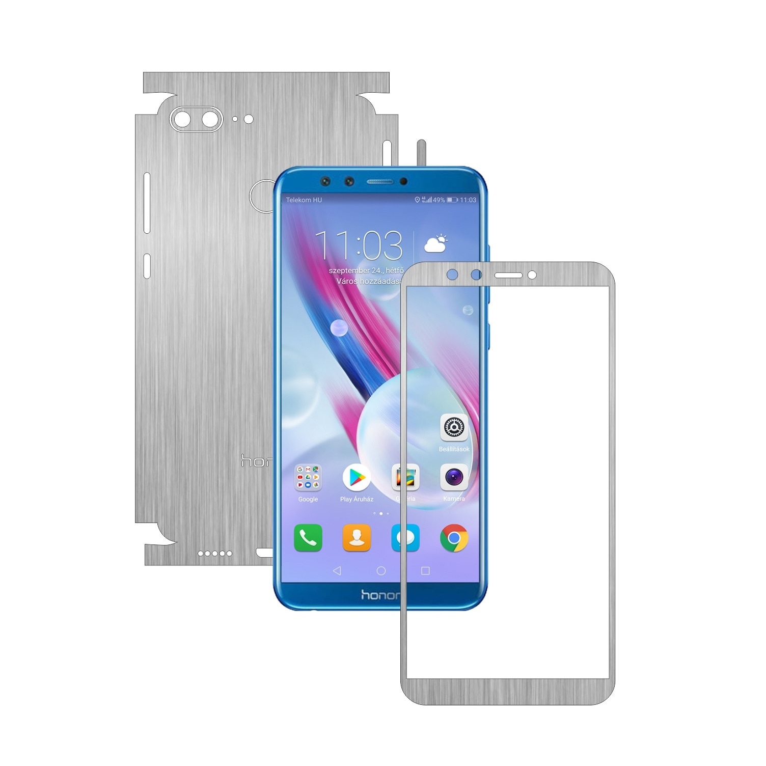 Folie Protectie Carbon Skinz pentru Huawei Honor 9 Lite - Brushed Argintiu 360 Cut, Skin Adeziv Full Body Cover pentru Rama Ecran, Carcasa Spate si Laterale