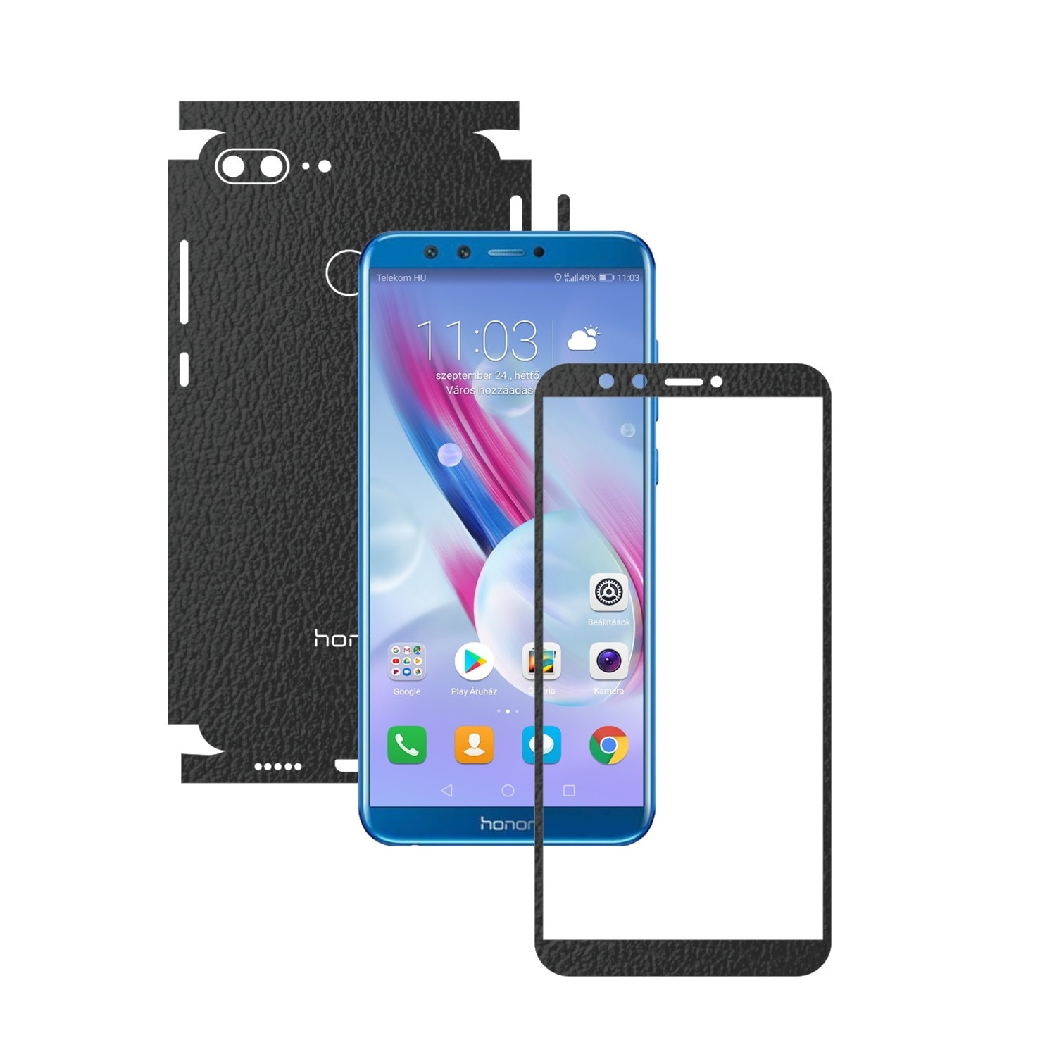 Folie Protectie Carbon Skinz pentru Huawei Honor 9 Lite - Piele Neagra 360 Cut, Skin Adeziv Full Body Cover pentru Rama Ecran, Carcasa Spate si Laterale