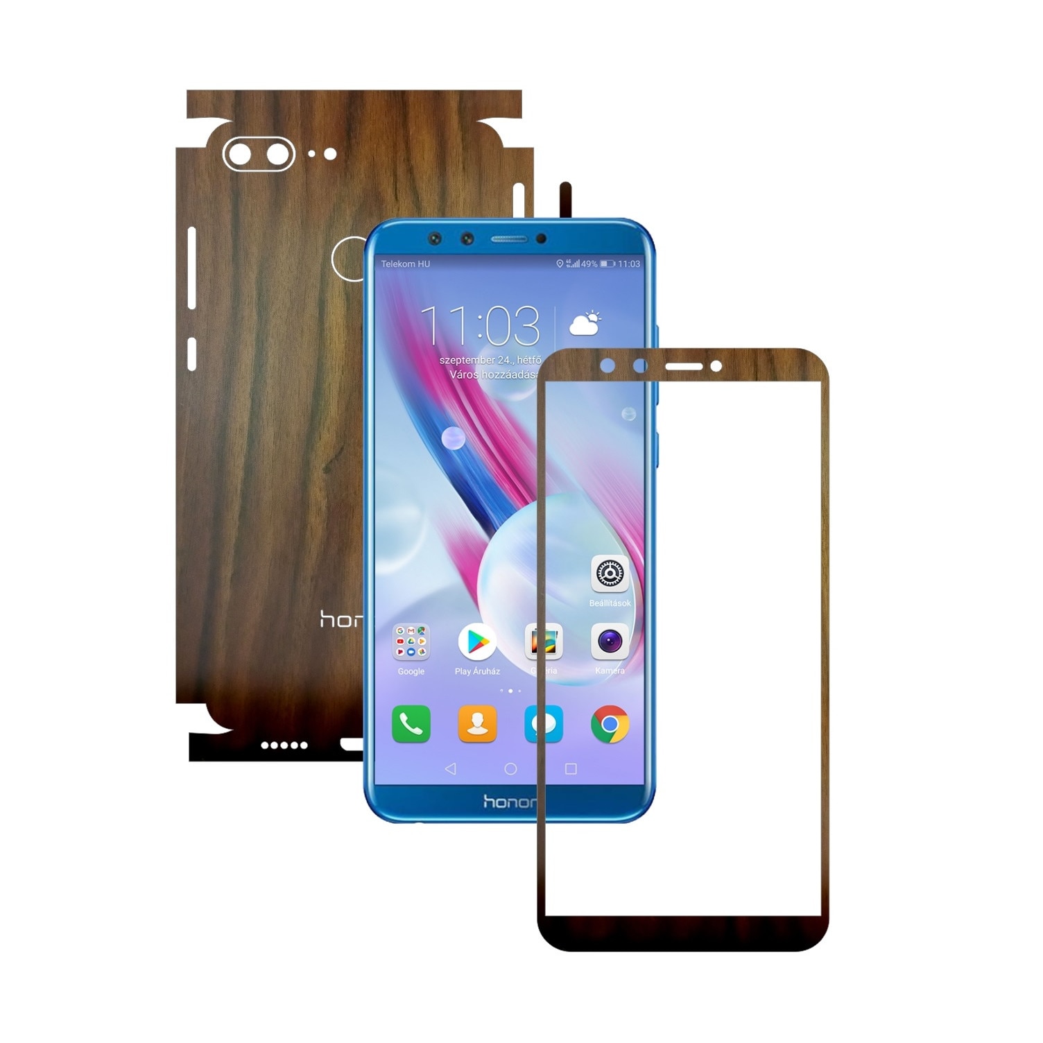 Folie Protectie Carbon Skinz pentru Huawei Honor 9 Lite - Lemn Nuc 360 Cut, Skin Adeziv Full Body Cover pentru Rama Ecran, Carcasa Spate si Laterale