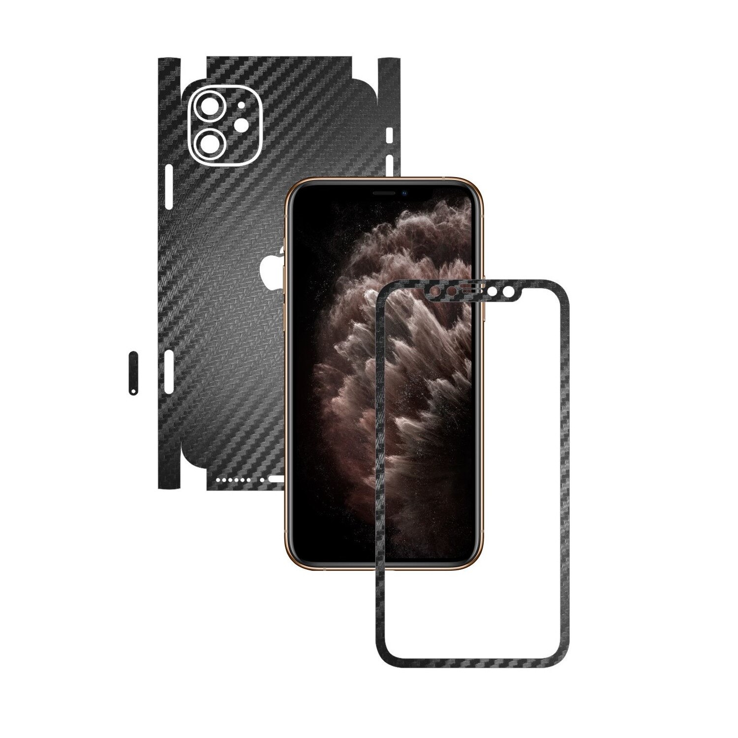 Folie Protectie Carbon Skinz pentru Apple iPhone 11 - CAM CUT - Carbon Negru 360 Cut, Skin Adeziv Full Body Cover pentru Rama Ecran, Carcasa Spate si Laterale