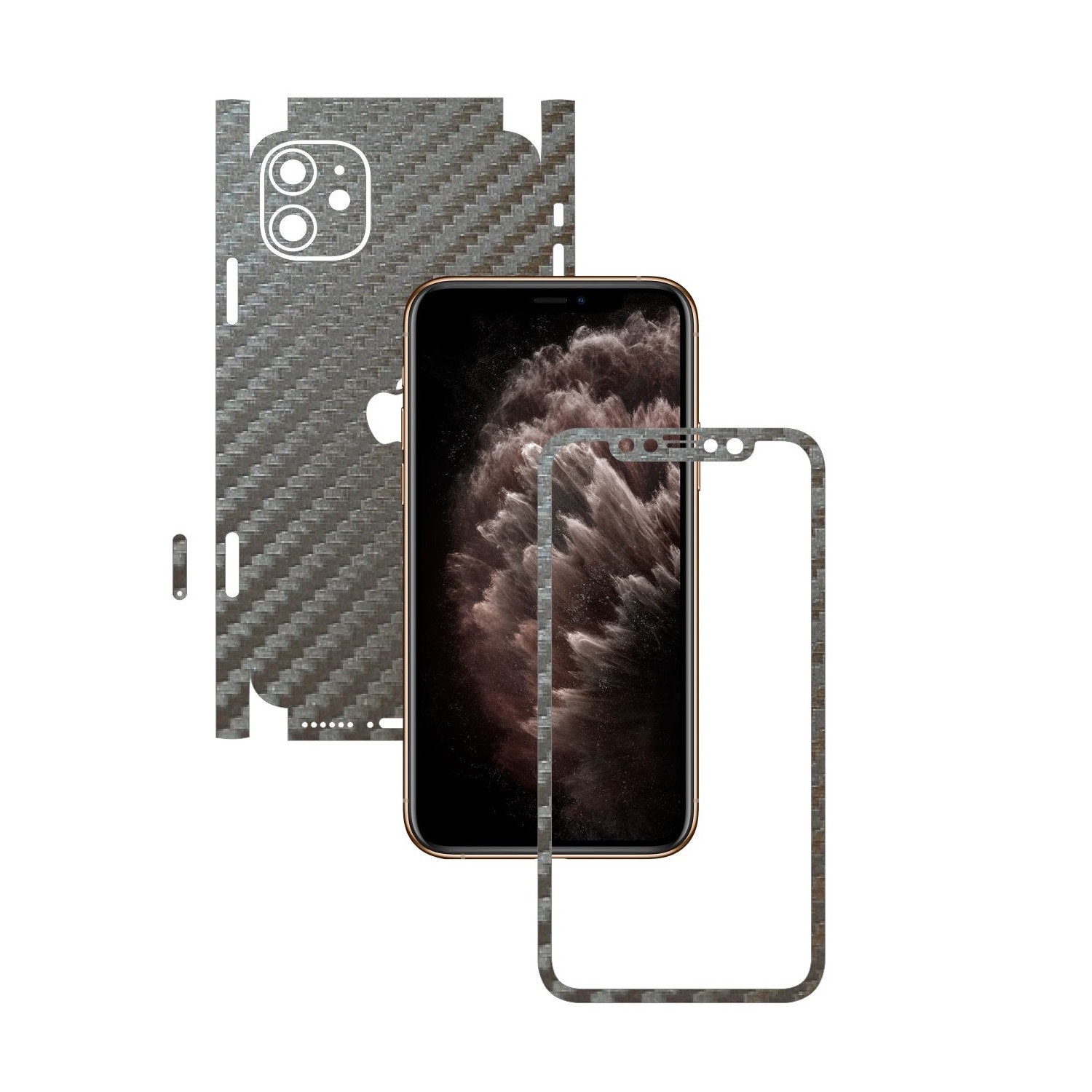 Folie Protectie Carbon Skinz pentru Apple iPhone 11 - CAM CUT - Carbon Gri Argintiu 360 Cut, Skin Adeziv Full Body Cover pentru Rama Ecran, Carcasa Spate si Laterale
