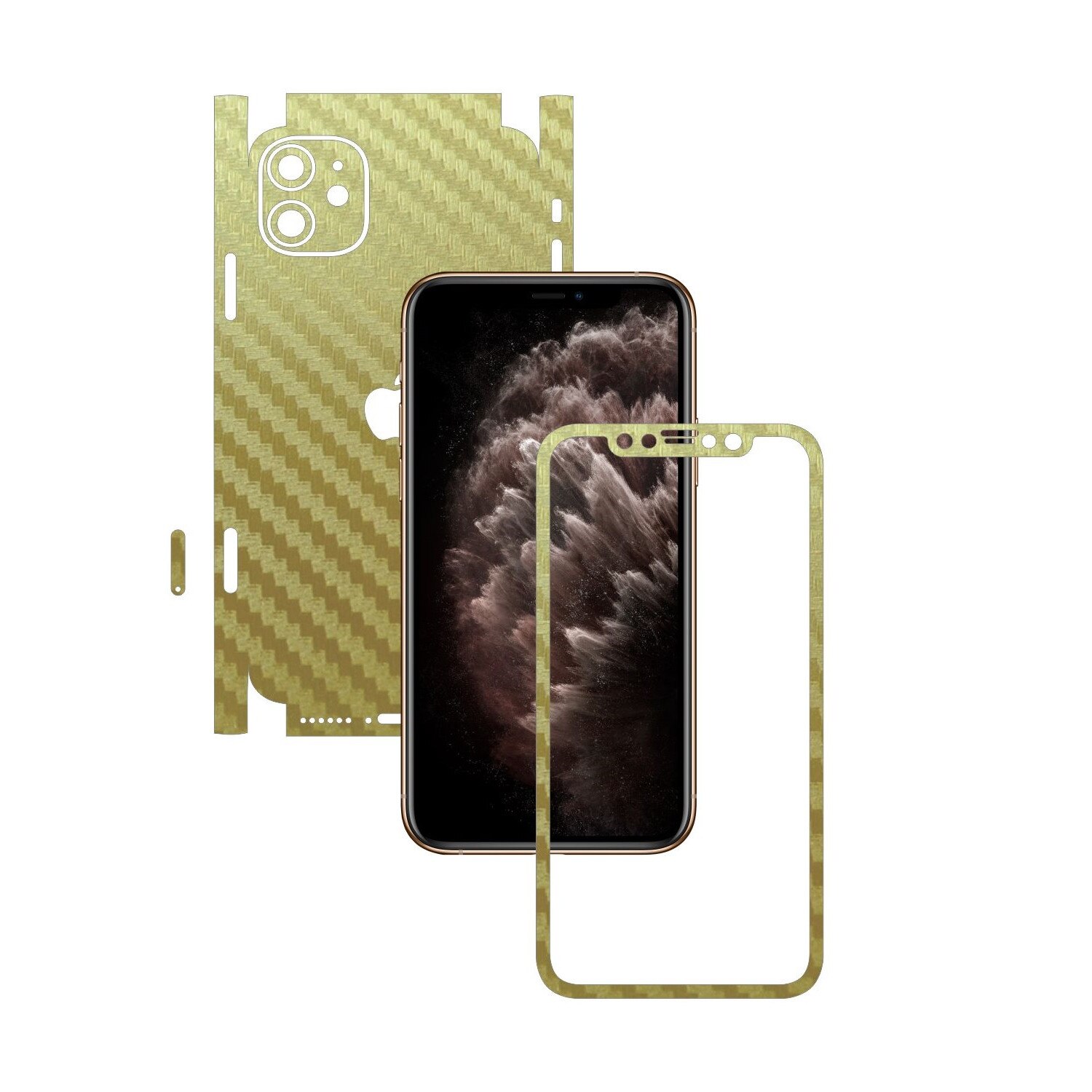 Folie Protectie Carbon Skinz pentru Apple iPhone 11 - CAM CUT - Carbon Auriu 360 Cut, Skin Adeziv Full Body Cover pentru Rama Ecran, Carcasa Spate si Laterale