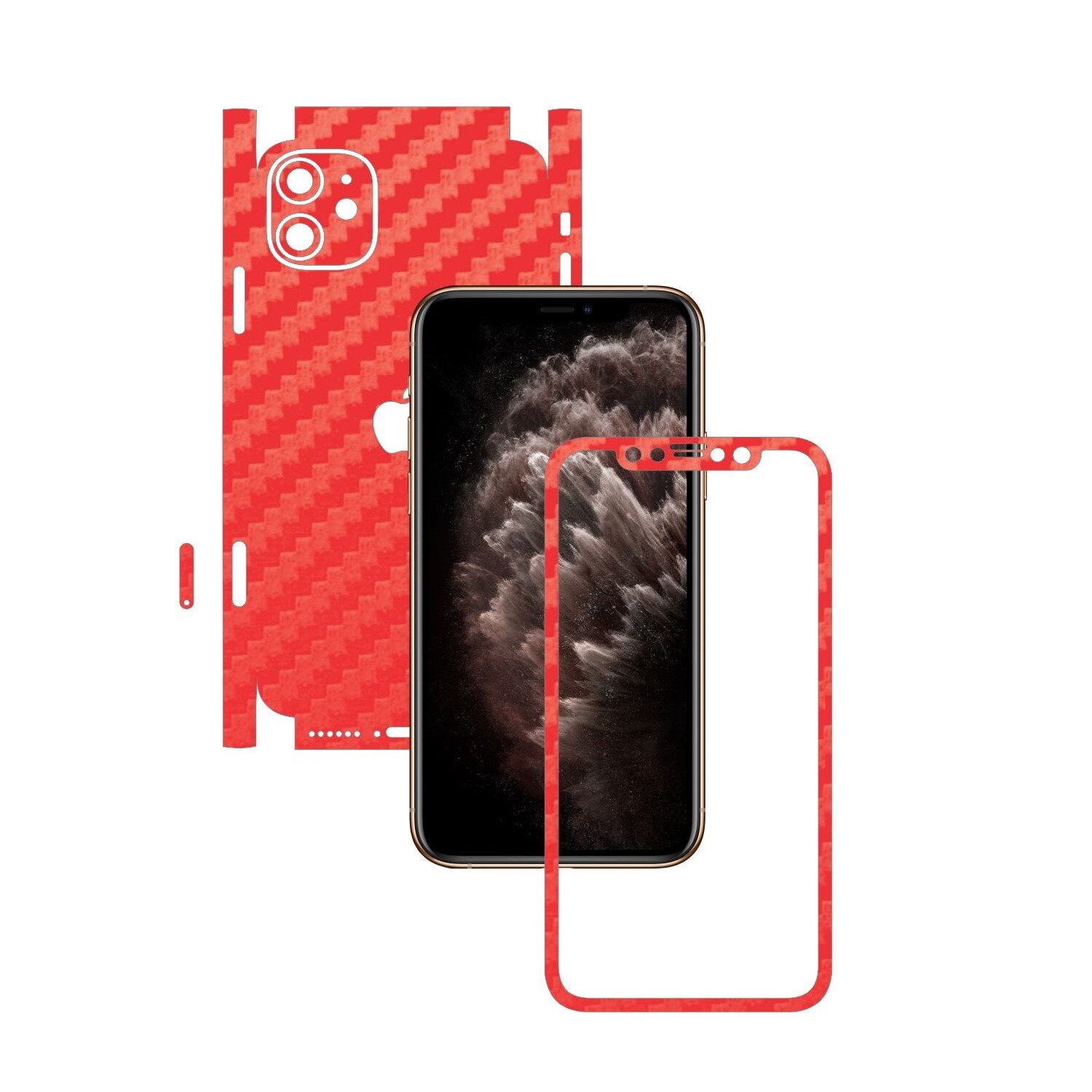 Folie Protectie Carbon Skinz pentru Apple iPhone 11 - CAM CUT - Carbon Rosu 360 Cut, Skin Adeziv Full Body Cover pentru Rama Ecran, Carcasa Spate si Laterale