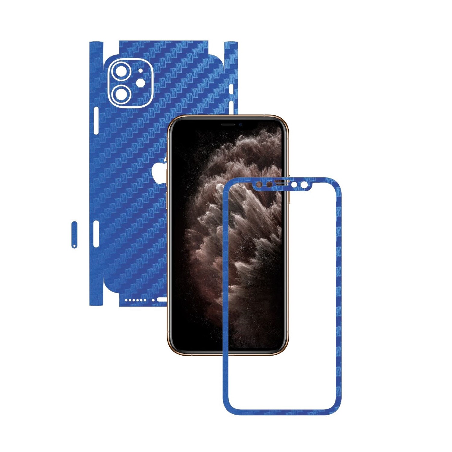 Folie Protectie Carbon Skinz pentru Apple iPhone 11 - CAM CUT - Carbon Albastru 360 Cut, Skin Adeziv Full Body Cover pentru Rama Ecran, Carcasa Spate si Laterale