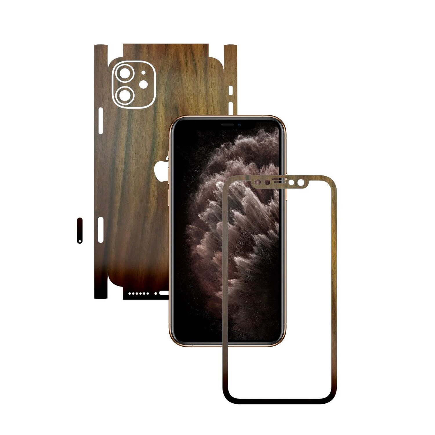 Folie Protectie Carbon Skinz pentru Apple iPhone 11 - CAM CUT - Lemn Nuc 360 Cut, Skin Adeziv Full Body Cover pentru Rama Ecran, Carcasa Spate si Laterale
