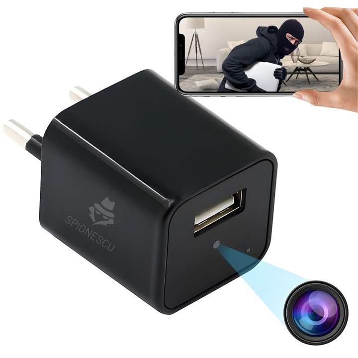 Incarcator USB cu camera ascunsa, Spionescu, Full HD 1080P, detectare miscare, conexiune WiFi, inregistrare in bucla, design discret, negru