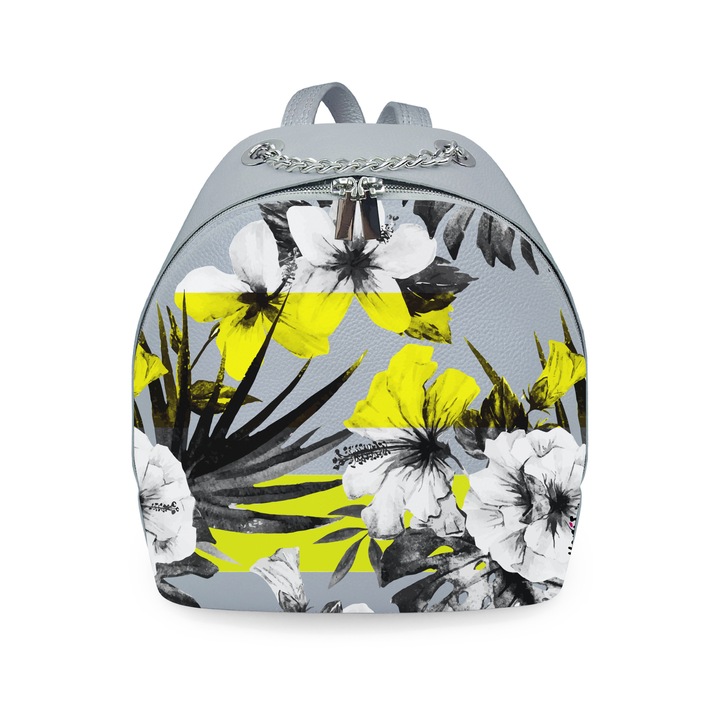 Rucsac din piele naturala personalizat cu print digital, Colloris, RD-01 Flori 22-B, Gri
