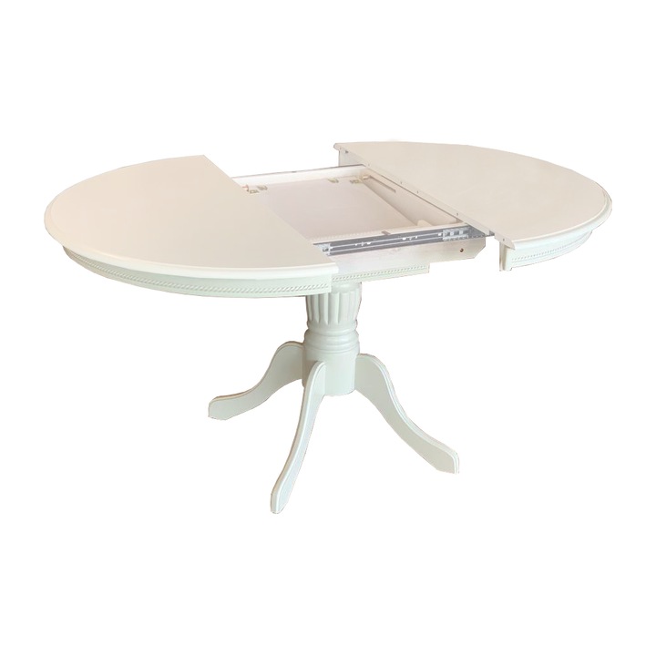 LIDER FURNITURE tömörfa asztal, 106 cm átmérő, meghosszabbítva 141 cm, fehér