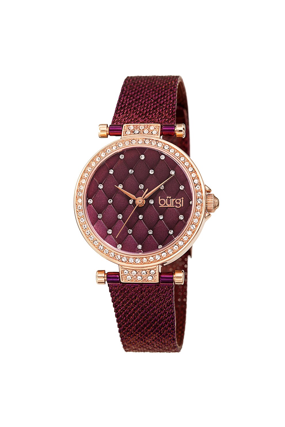 BURGI, Ceas analog decorat cu cristale , Rosu Bordeaux/Auriu rose/Argintiu