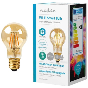 Bec inteligent vintage LED Nedis, Wi-Fi, dimabil, A60, E27, 5W (40W), 500 lm Bec inteligent vintage LED Nedis, Wi-Fi, dimabil, A60, E27, 5W (40W), 500 lm