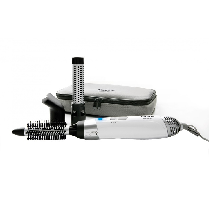 Trusa coafura Taurus Model Air 1200, 1200 W, 2 viteze si 3 nivele de temperatura + aer rece, perie modelatoare ceramica cu peri combinati, perie ceramica cu peri retractabili, concentrator de aer, borseta depozitare & transport, Alb/Argintiu
