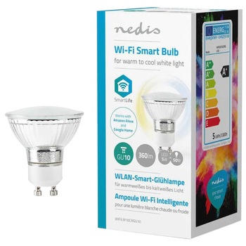 Bec inteligent LED Nedis, Wi-Fi, dimabil, GU10, 5W (50W), 360 lm, A+, lumina alba calda/rece Bec inteligent LED Nedis, Wi-Fi, dimabil, GU10, 5W (50W), 360 lm, A+, lumina alba calda/rece