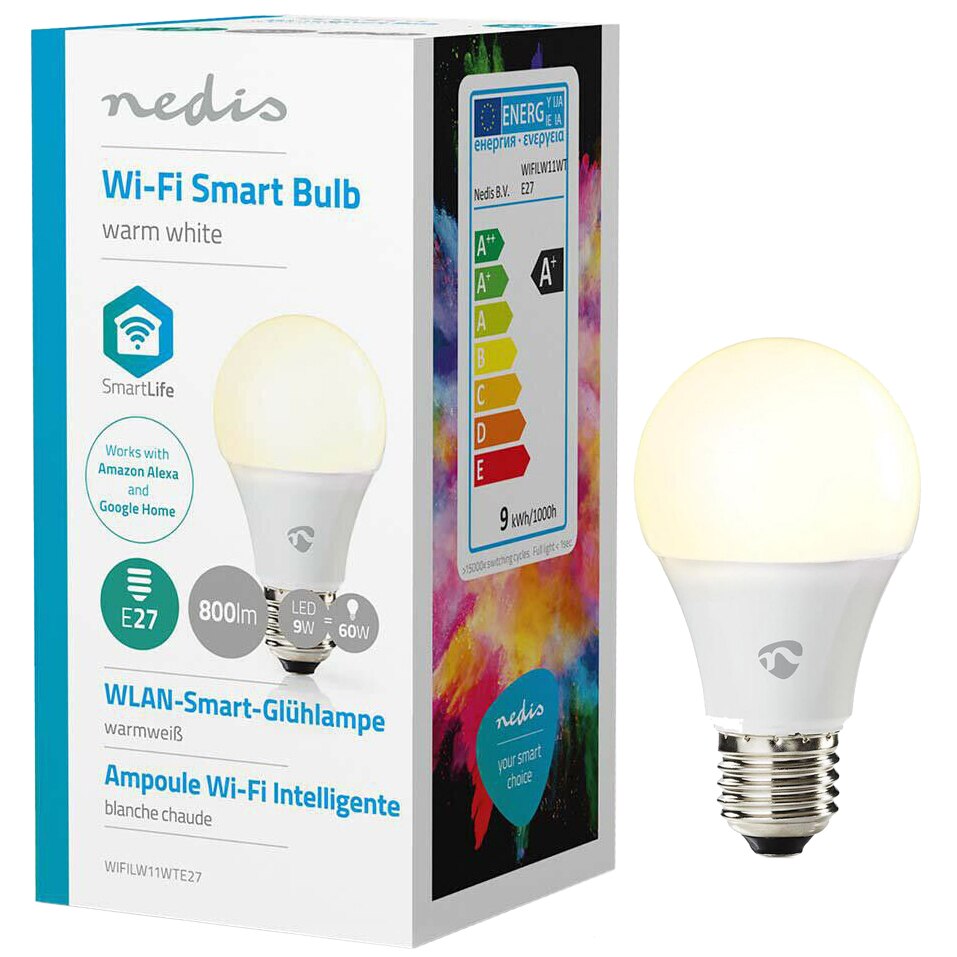 Bec inteligent LED Nedis, dimabil, Wi-Fi, E27, 9W (60W), 800 lm, lumina alba calda
