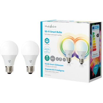 Pachet 2 becuri inteligente LED RGB Nedis, Wi-Fi, dimabil, E27, 6W (40W), 470 lm, A+, lumina alba/color Pachet 2 becuri inteligente LED RGB Nedis, Wi-Fi, dimabil, E27, 6W (40W), 470 lm, A+, lumina alba/color