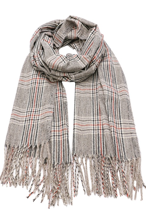 Fular tip sal pentru dama, cu franjuri, in carouri mici, din viscoza, B037GE Grej
