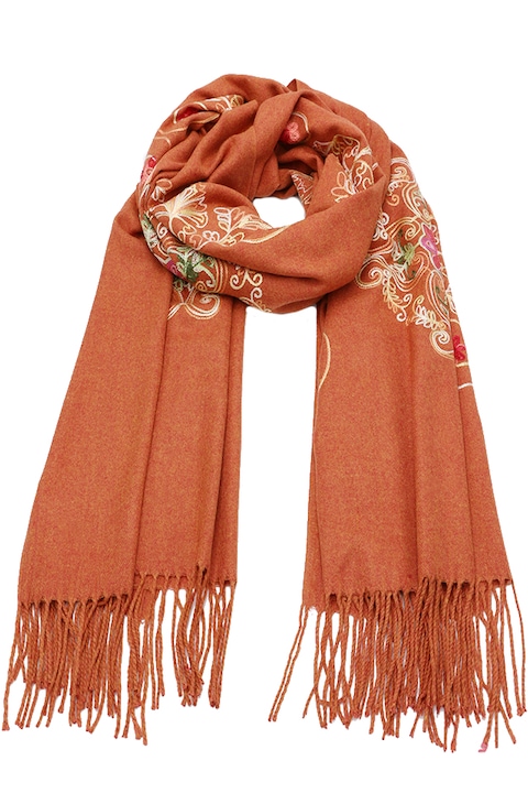 Esarfa pentru femei, imitatie casmir, sezon rece, cu broderie, NK17CU Caramiziu