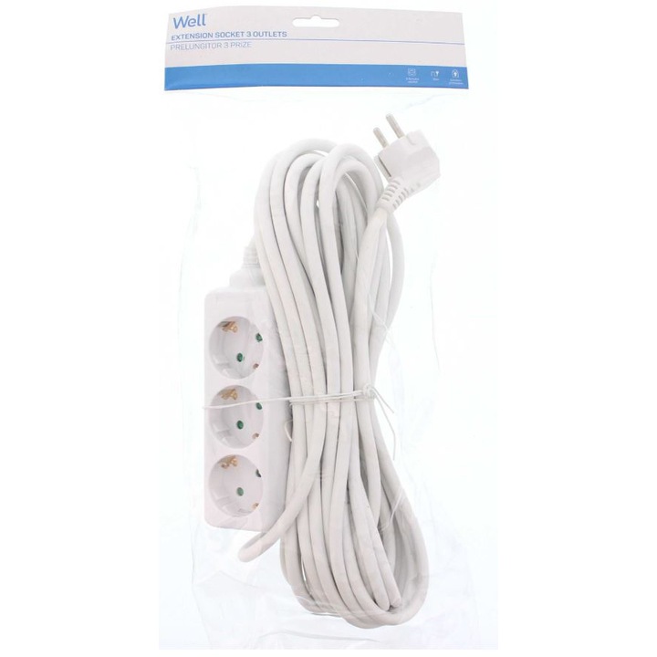 Удължител Well, 3 гнезда, Кабел 3xG1.5mmp, 7 м