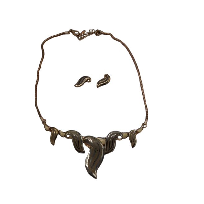 Colier modern cu motive florale si cercei tip frunza,D&J Exclussive,auriu