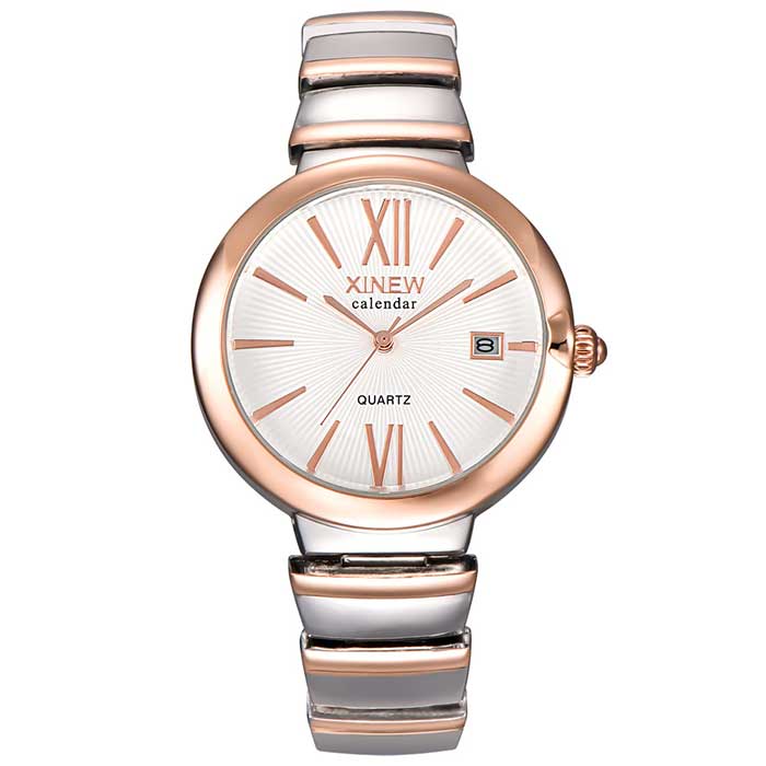 Ceas XINEW Dama Quartz Casual Elegant Rosegold-alb, PN999870RAB, curea din metal (zale), afisaj Analog