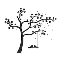 Sticker decorativ pentru perete, modern, pom inflorit cu leagan si pasari indragostite, hol, camera sau sufragerie, Negru, Autocolant PVC, 110 x 95 cm