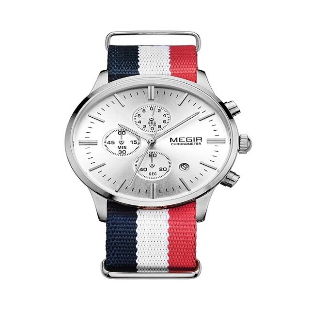 Ceas de mana Unisex Megir 2011 Alb, Fashion/Casual, Curea textil Multicolora, Mecanism quartz, Display analog, Rezistenta la apa 3 ATM