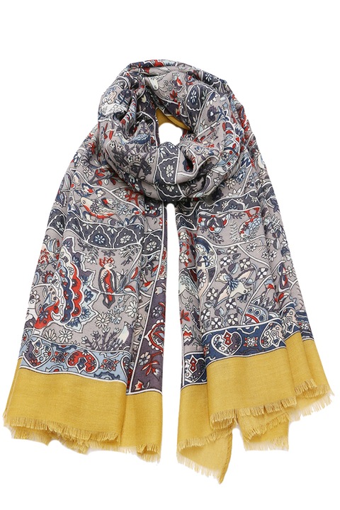 Дамски шал ROCS, Вискоза, С щампа на цветя и птици, Жълт, 85 х 180 см