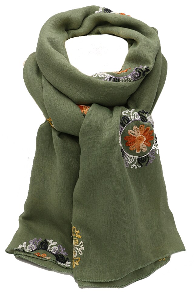 Esarfa subtire pentru dama, cu flori brodate in cercuri, NK20GN Verde