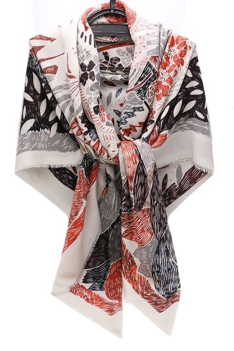 Квадратен шал ROCS B020OE, за жени, с принт на листа, изработен от вискоза, оранжев