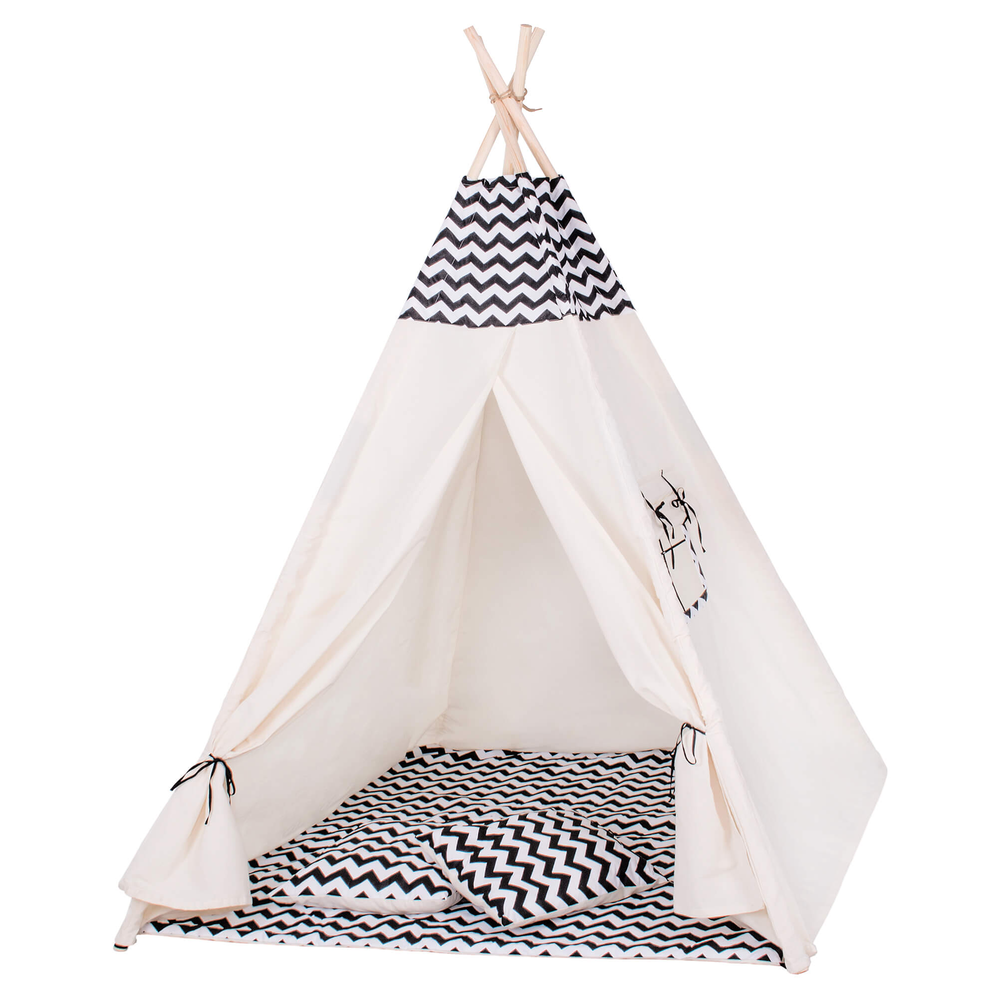 Cort pentru copii Tipi, Zigzag, tip teepee, bumbac, 160 cm, Alb/Negru