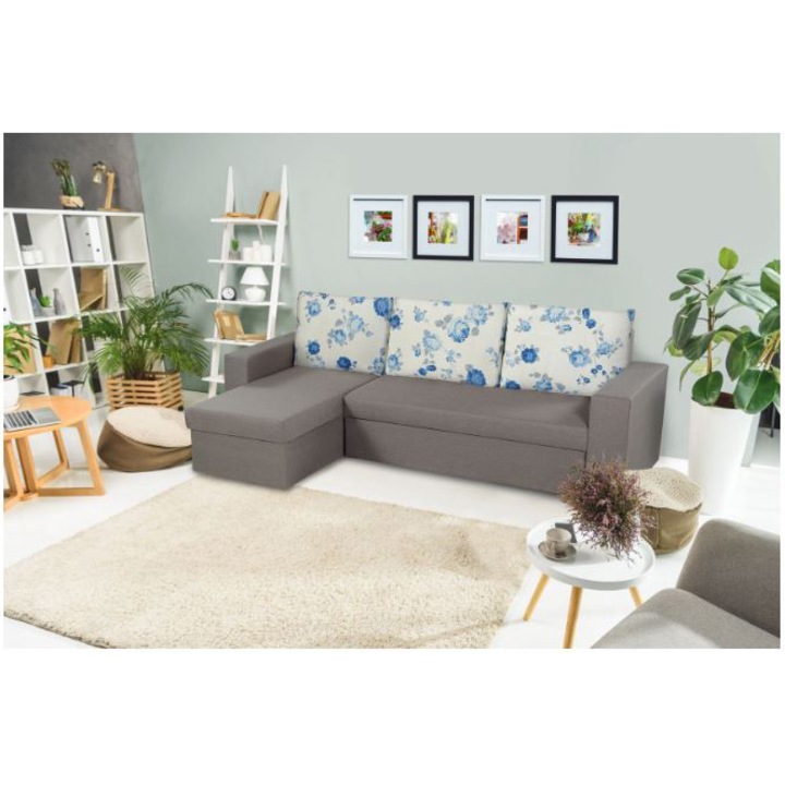 Coltar extensibil Oslo Grey Blue Anemone, cu lada de depozitare, 247x148x78 cm