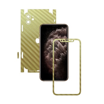 Folie Protectie Carbon Skinz pentru Apple iPhone 11 - FULL CUT - Carbon Auriu 360 Cut, Skin Adeziv Full Body Cover pentru Rama Ecran, Carcasa Spate si Laterale