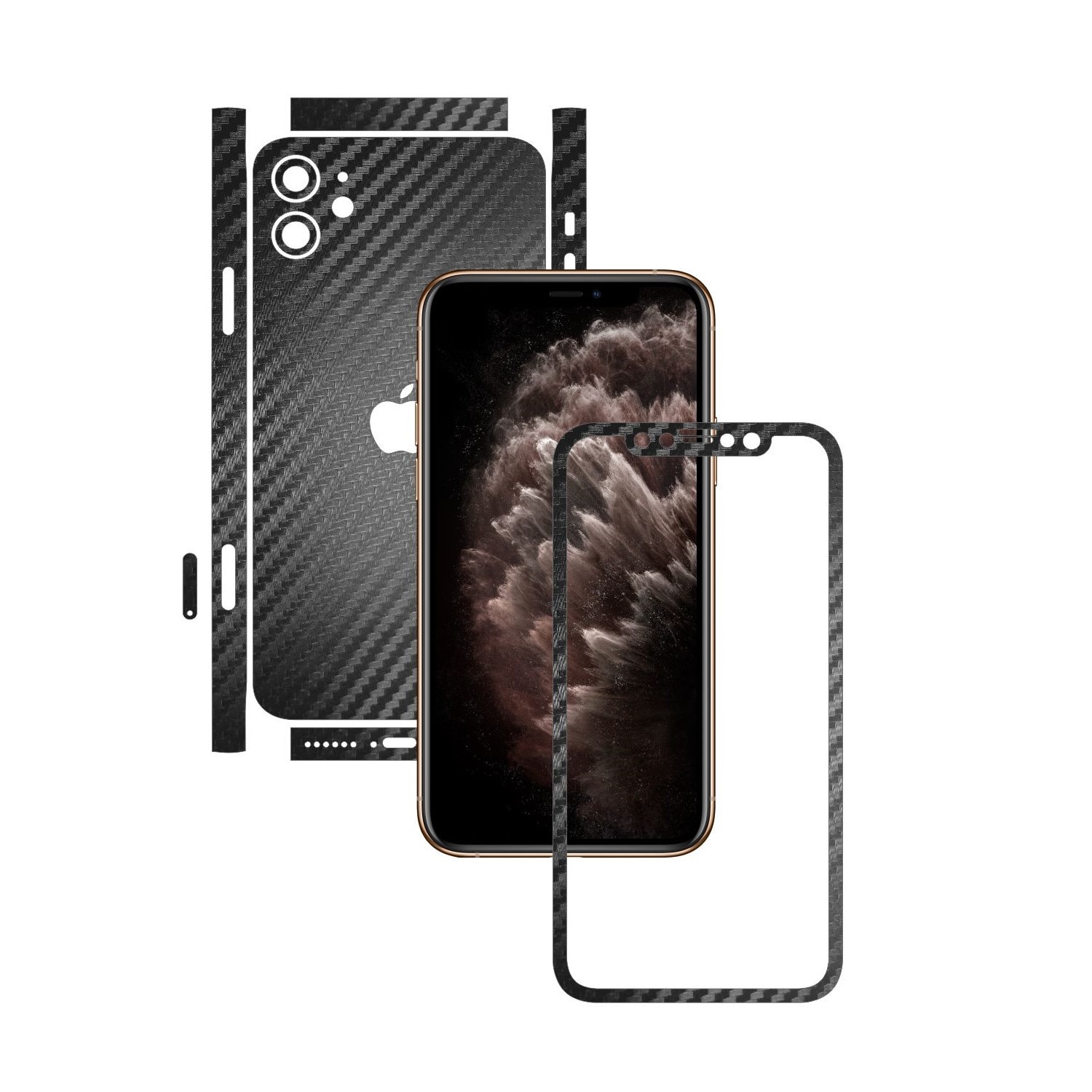 Folie Protectie Carbon Skinz pentru Apple iPhone 11 - FULL CUT - Carbon Negru Split Cut, Skin Adeziv Full Body Cover pentru Rama Ecran, Carcasa Spate si Laterale