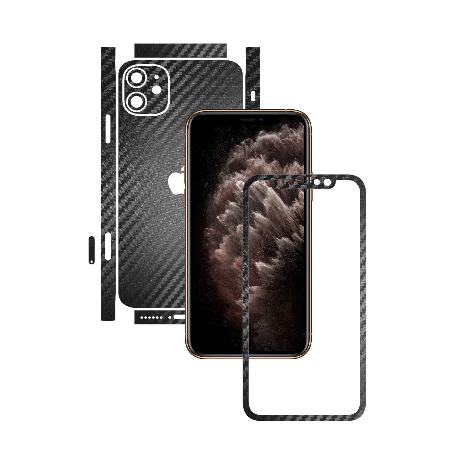 Folie Protectie Carbon Skinz pentru Apple iPhone 11 - CAM CUT - Carbon Negru Split Cut, Skin Adeziv Full Body Cover pentru Rama Ecran, Carcasa Spate si Laterale