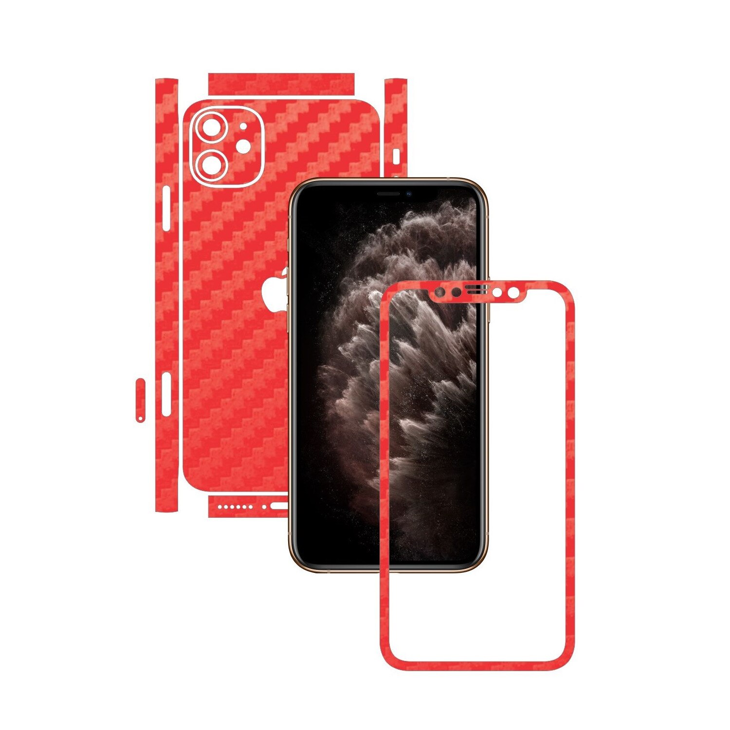 Folie Protectie Carbon Skinz pentru Apple iPhone 11 - CAM CUT - Carbon Rosu Split Cut, Skin Adeziv Full Body Cover pentru Rama Ecran, Carcasa Spate si Laterale