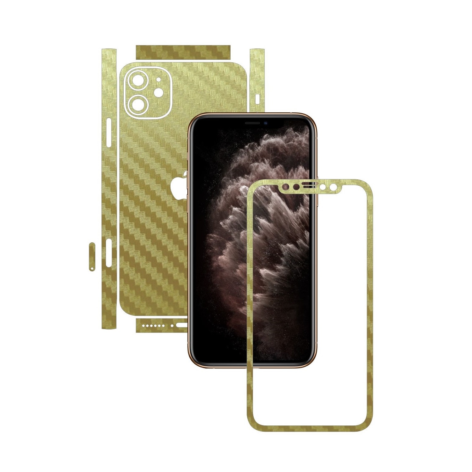 Folie Protectie Carbon Skinz pentru Apple iPhone 11 - CAM CUT - Carbon Auriu Split Cut, Skin Adeziv Full Body Cover pentru Rama Ecran, Carcasa Spate si Laterale