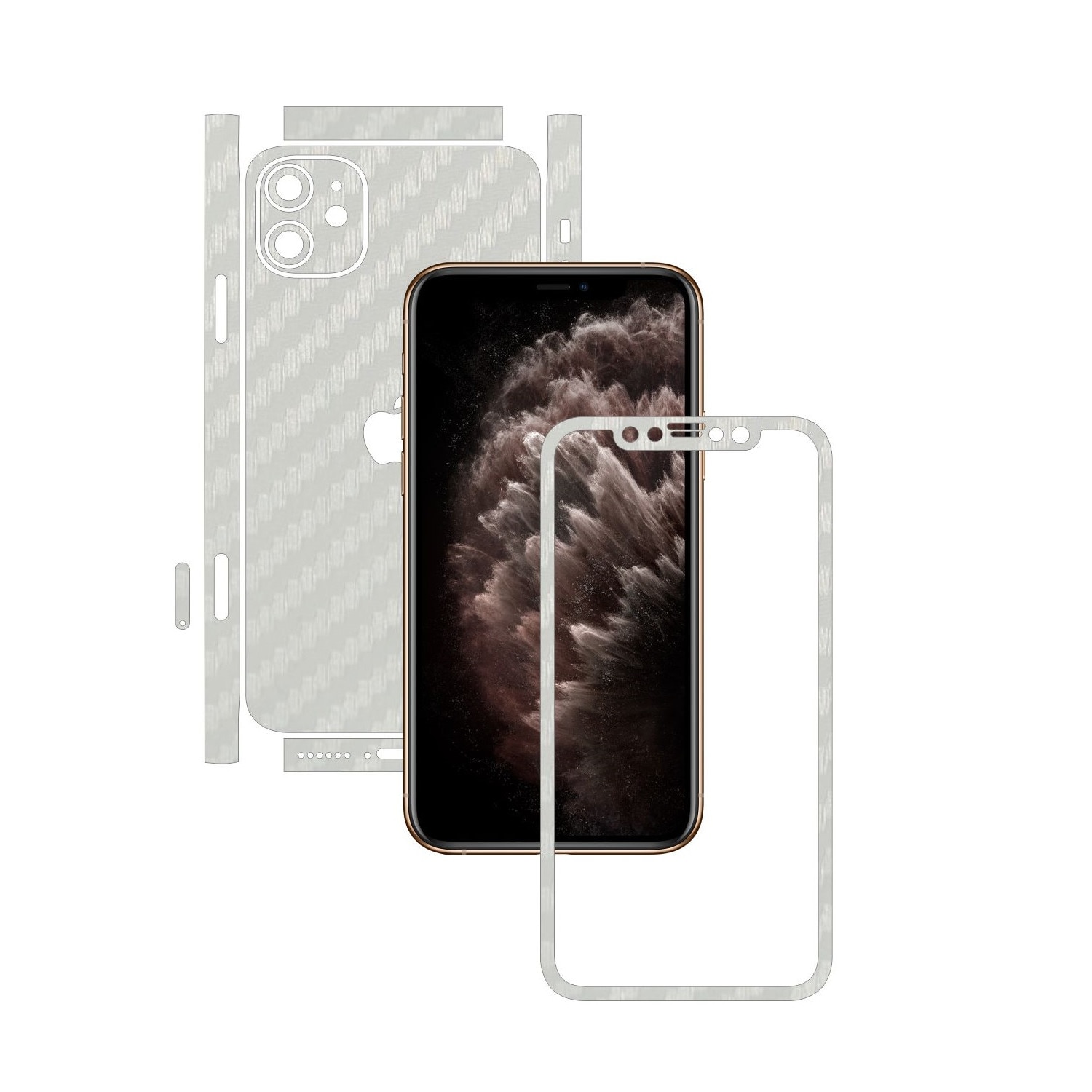 Folie Protectie Carbon Skinz pentru Apple iPhone 11 - CAM CUT - Carbon Alb Split Cut, Skin Adeziv Full Body Cover pentru Rama Ecran, Carcasa Spate si Laterale