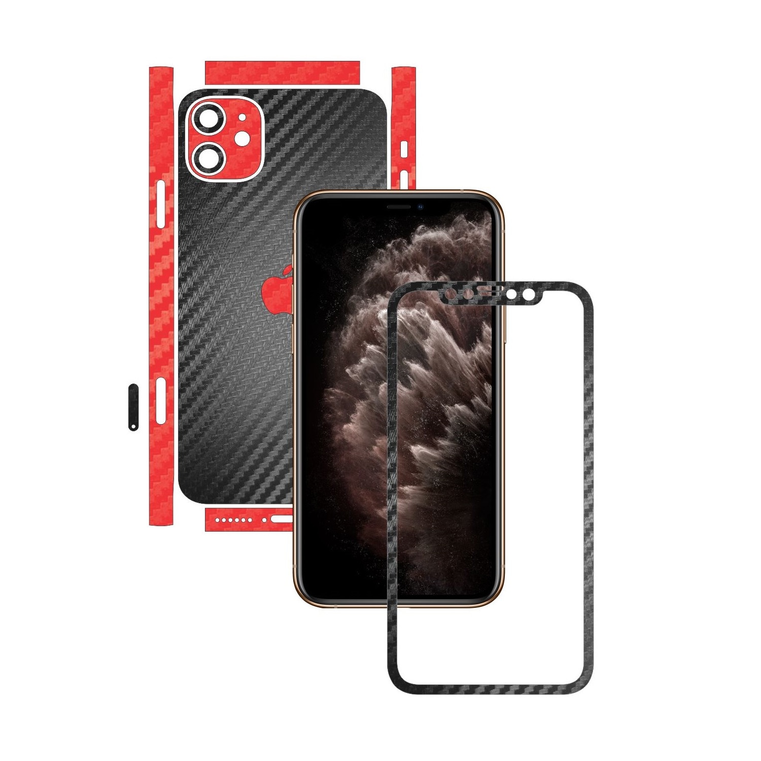 Folie Protectie Carbon Skinz pentru Apple iPhone 11 - FULL CUT - Carbon Two Tone Negru / Rosu, Skin Adeziv Full Body Cover pentru Rama Ecran, Carcasa Spate si Laterale