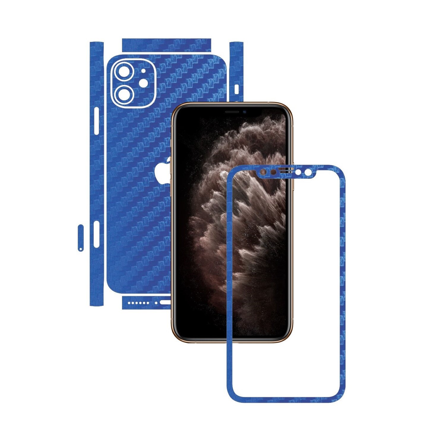 Folie Protectie Carbon Skinz pentru Apple iPhone 11 - CAM CUT - Carbon Albastru Split Cut, Skin Adeziv Full Body Cover pentru Rama Ecran, Carcasa Spate si Laterale