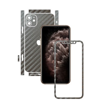 Folie Protectie Carbon Skinz pentru Apple iPhone 11 - CAM CUT - Carbon Gri Argintiu Split Cut, Skin Adeziv Full Body Cover pentru Rama Ecran, Carcasa Spate si Laterale