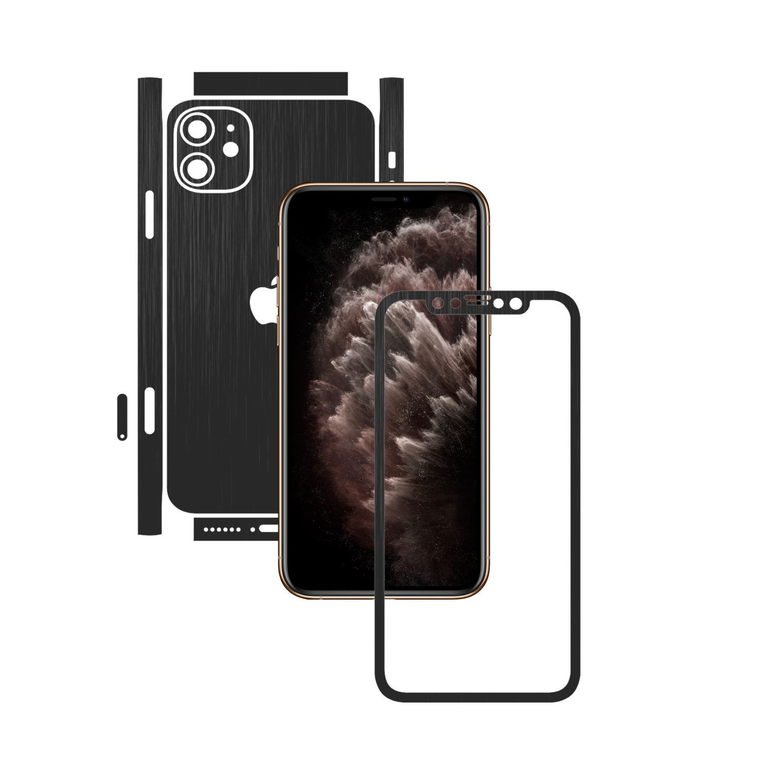 Folie Protectie Carbon Skinz pentru Apple iPhone 11 - CAM CUT - Brushed Negru Split Cut, Skin Adeziv Full Body Cover pentru Rama Ecran, Carcasa Spate si Laterale