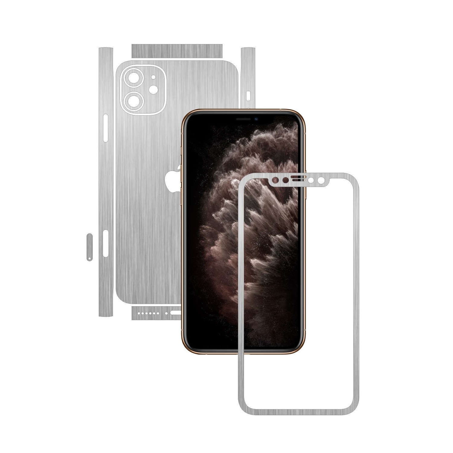 Folie Protectie Carbon Skinz pentru Apple iPhone 11 - CAM CUT - Brushed Argintiu Split Cut, Skin Adeziv Full Body Cover pentru Rama Ecran, Carcasa Spate si Laterale