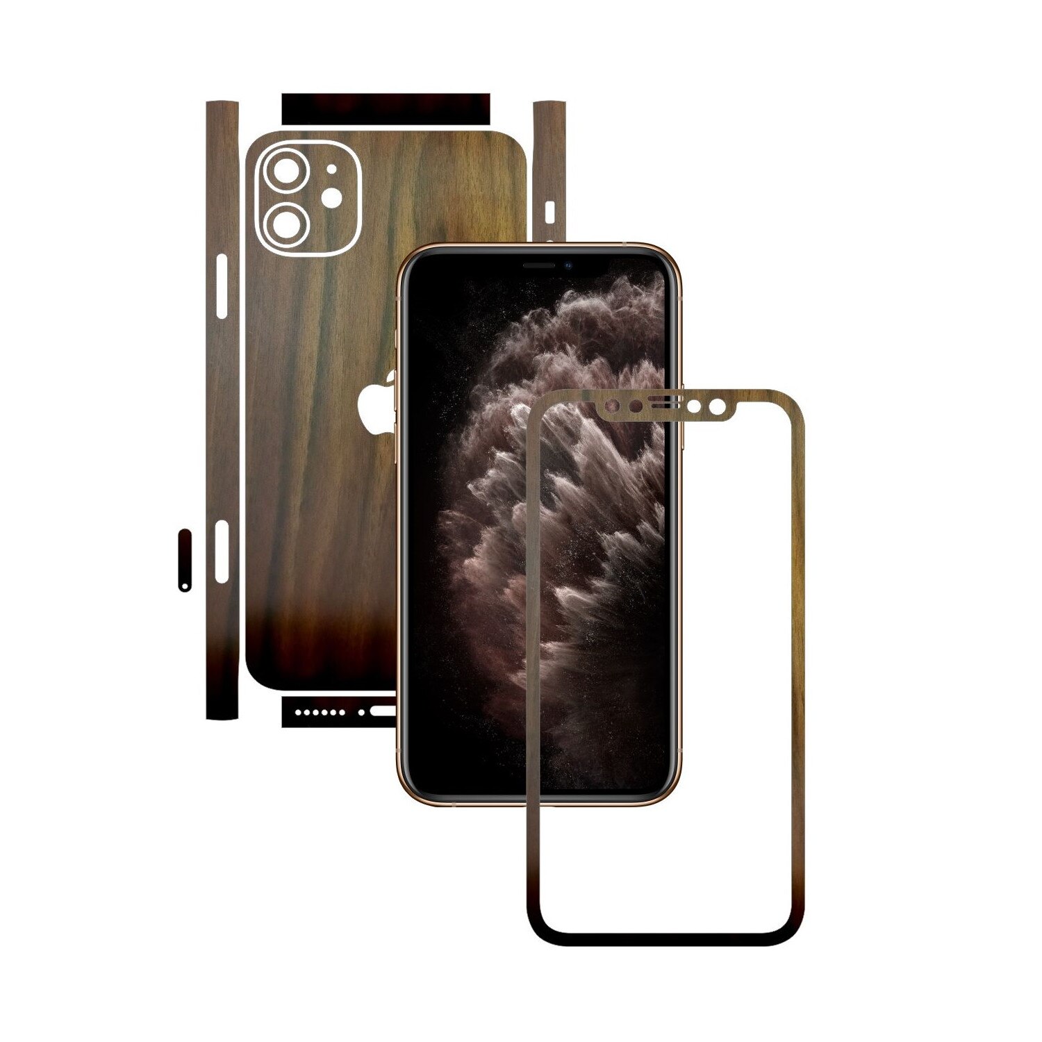 Folie Protectie Carbon Skinz pentru Apple iPhone 11 - CAM CUT - Lemn Nuc Split Cut, Skin Adeziv Full Body Cover pentru Rama Ecran, Carcasa Spate si Laterale