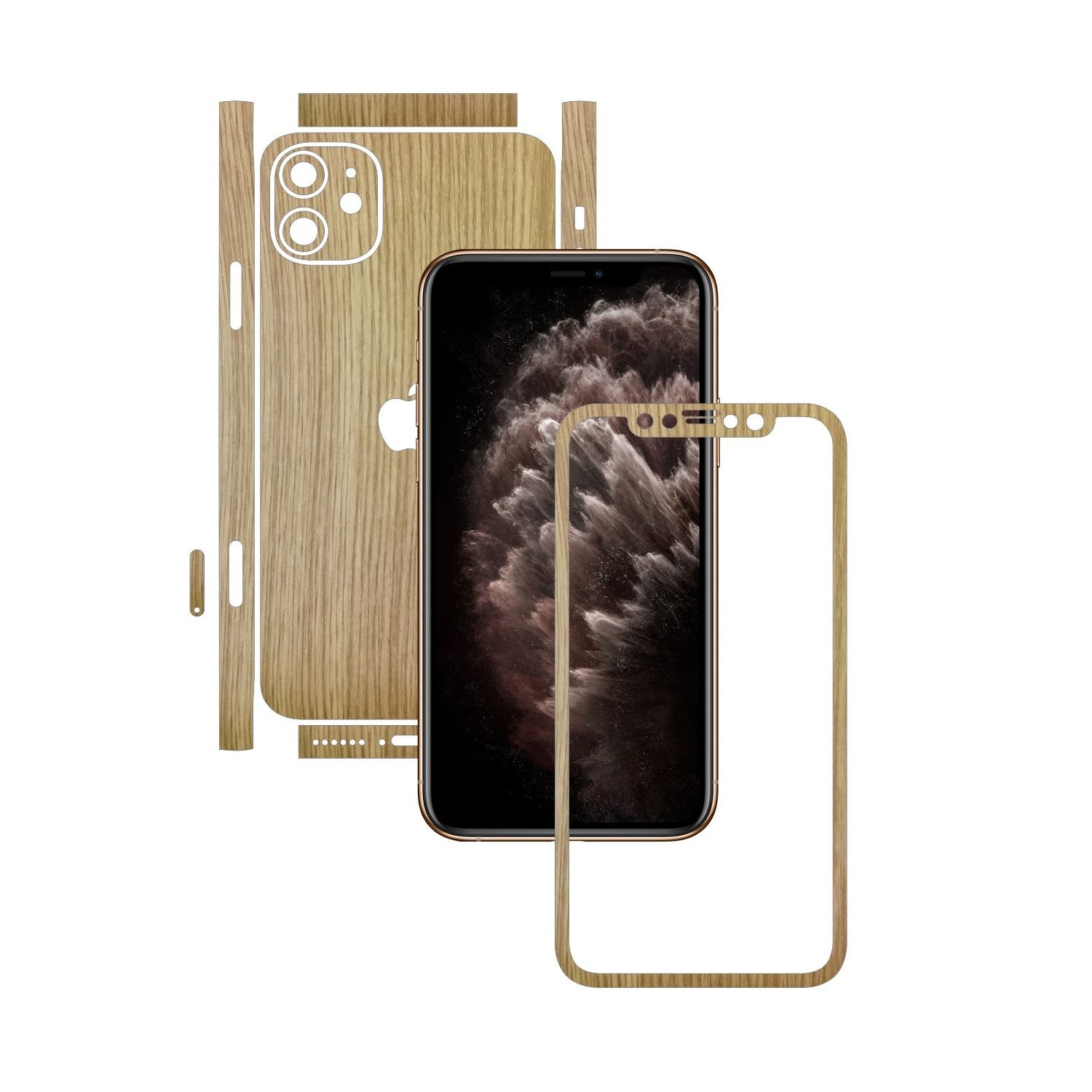 Folie Protectie Carbon Skinz pentru Apple iPhone 11 - CAM CUT - Lemn Stejar Split Cut, Skin Adeziv Full Body Cover pentru Rama Ecran, Carcasa Spate si Laterale