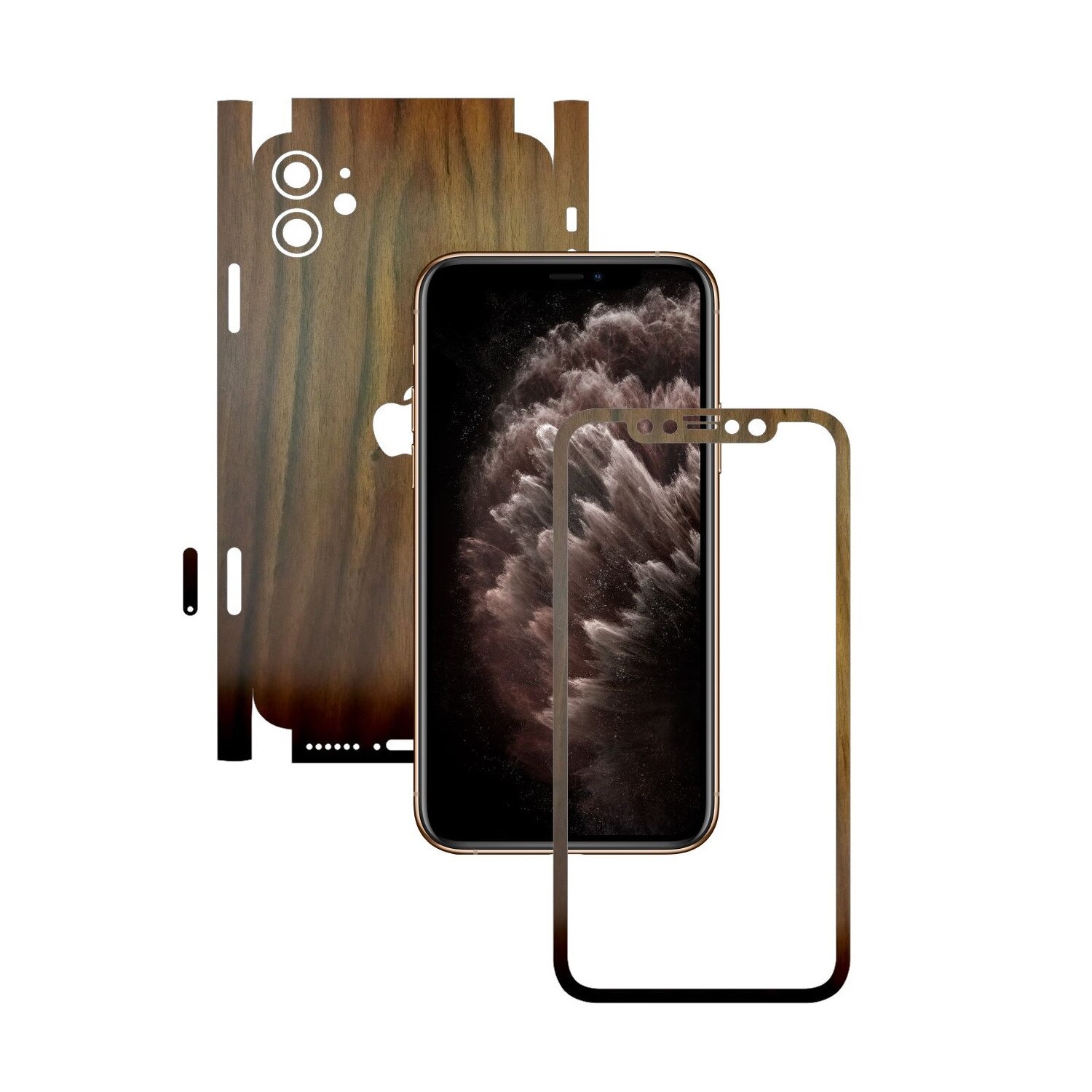 Folie Protectie Carbon Skinz pentru Apple iPhone 11 - FULL CUT - Lemn Nuc 360 Cut, Skin Adeziv Full Body Cover pentru Rama Ecran, Carcasa Spate si Laterale