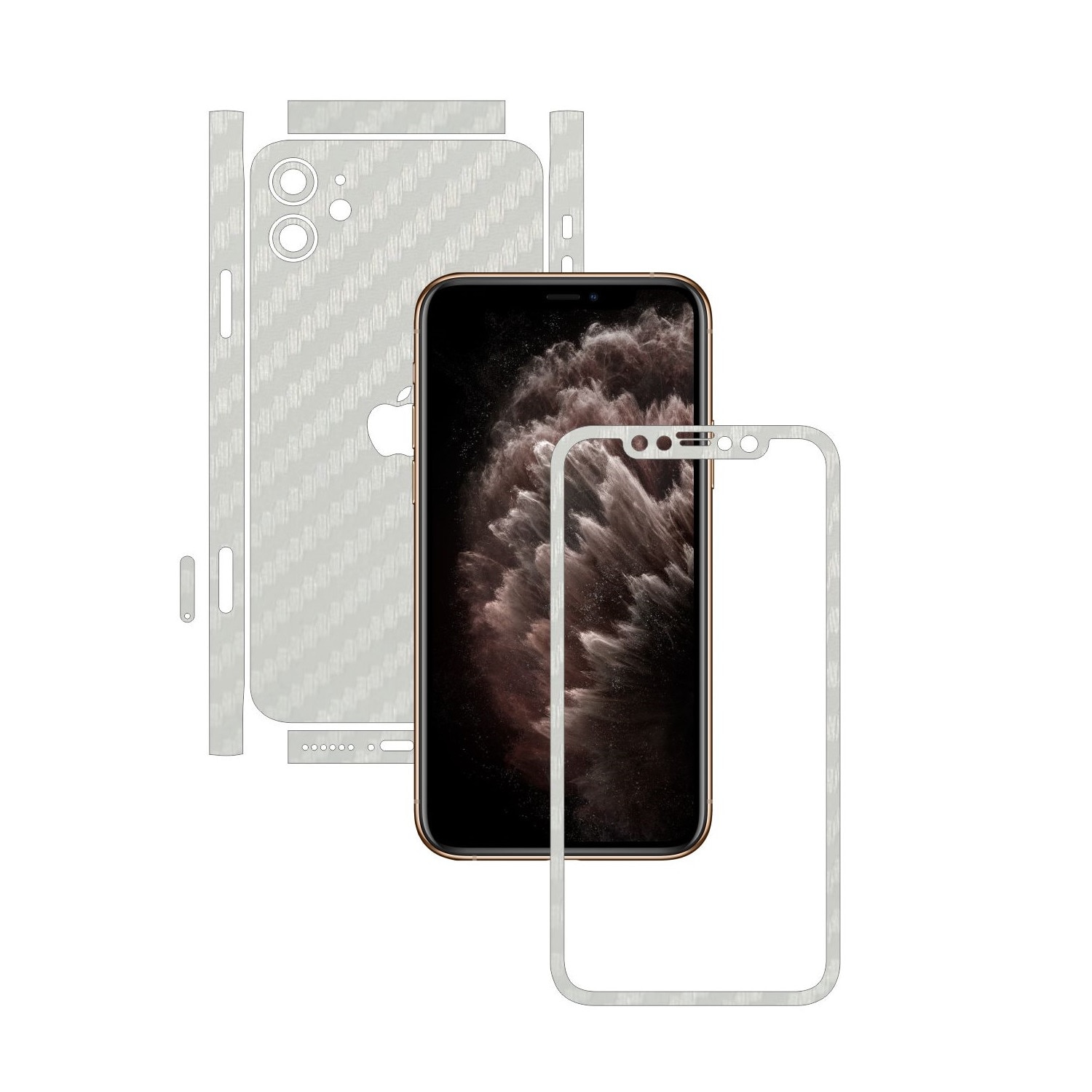 Folie Protectie Carbon Skinz pentru Apple iPhone 11 - FULL CUT - Carbon Alb Split Cut, Skin Adeziv Full Body Cover pentru Rama Ecran, Carcasa Spate si Laterale