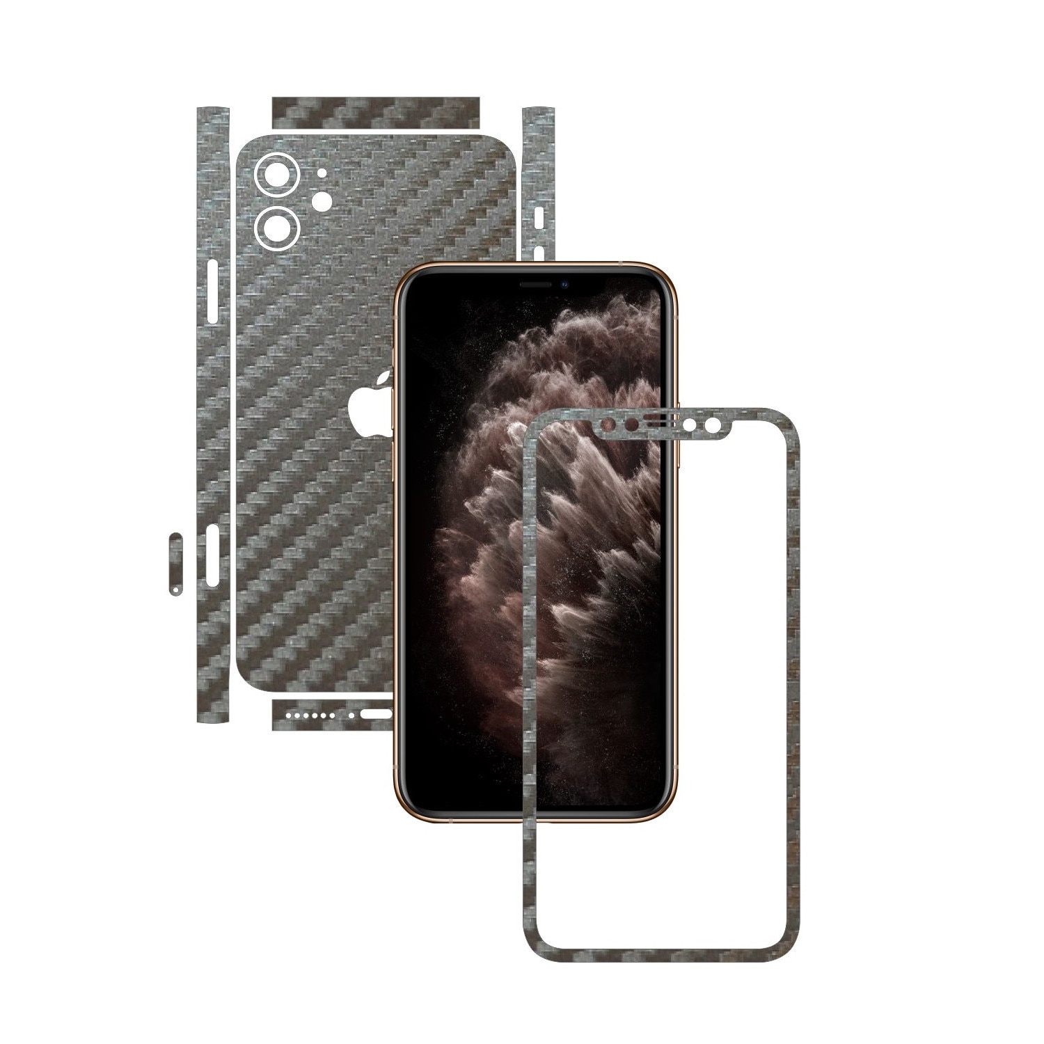 Folie Protectie Carbon Skinz pentru Apple iPhone 11 - FULL CUT - Carbon Gri Argintiu Split Cut, Skin Adeziv Full Body Cover pentru Rama Ecran, Carcasa Spate si Laterale