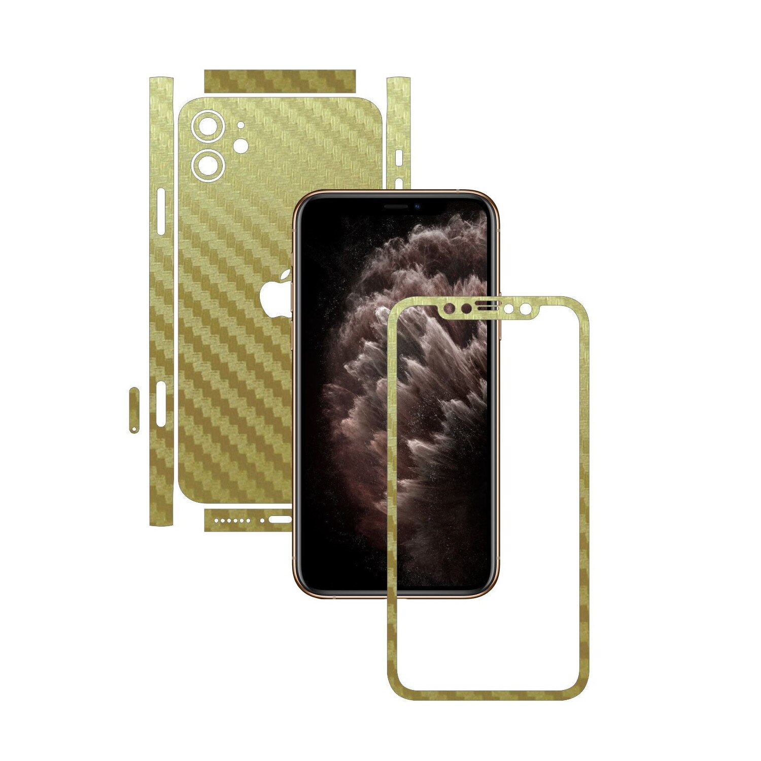 Folie Protectie Carbon Skinz pentru Apple iPhone 11 - FULL CUT - Carbon Auriu Split Cut, Skin Adeziv Full Body Cover pentru Rama Ecran, Carcasa Spate si Laterale