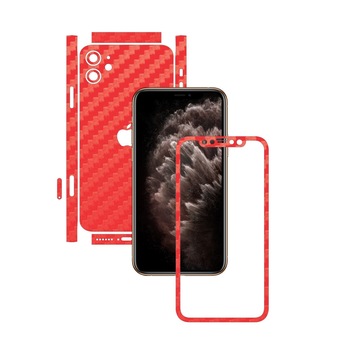 Folie Protectie Carbon Skinz pentru Apple iPhone 11 - FULL CUT - Carbon Rosu Split Cut, Skin Adeziv Full Body Cover pentru Rama Ecran, Carcasa Spate si Laterale